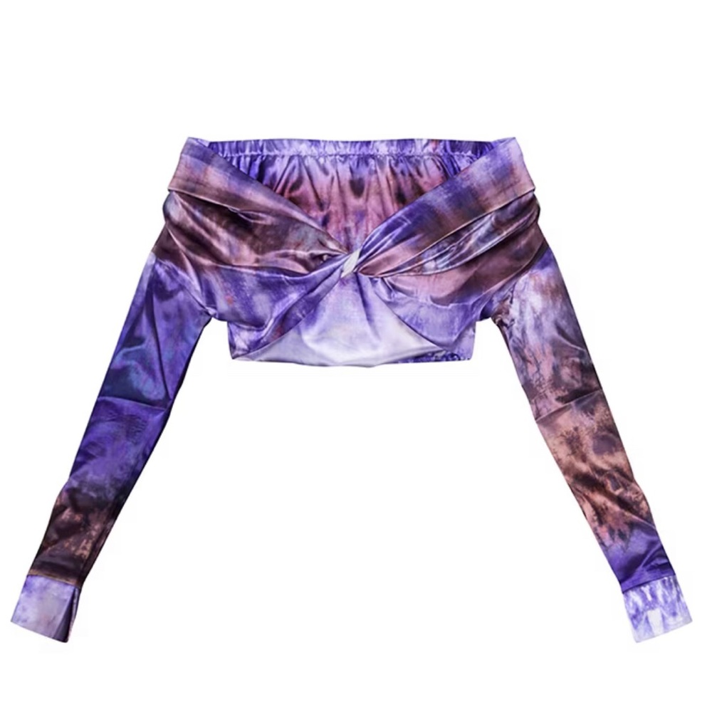 Purple Ombre Tie Dye Satin Bardot Twist Front Crop Blouse